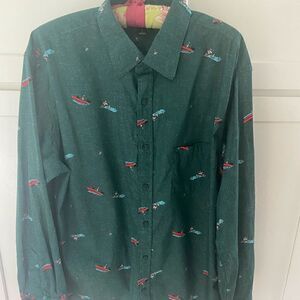 Haggar Long Sleeve Button Up Shirt Santa Claus Water Skiing Sharks Christmas Lg